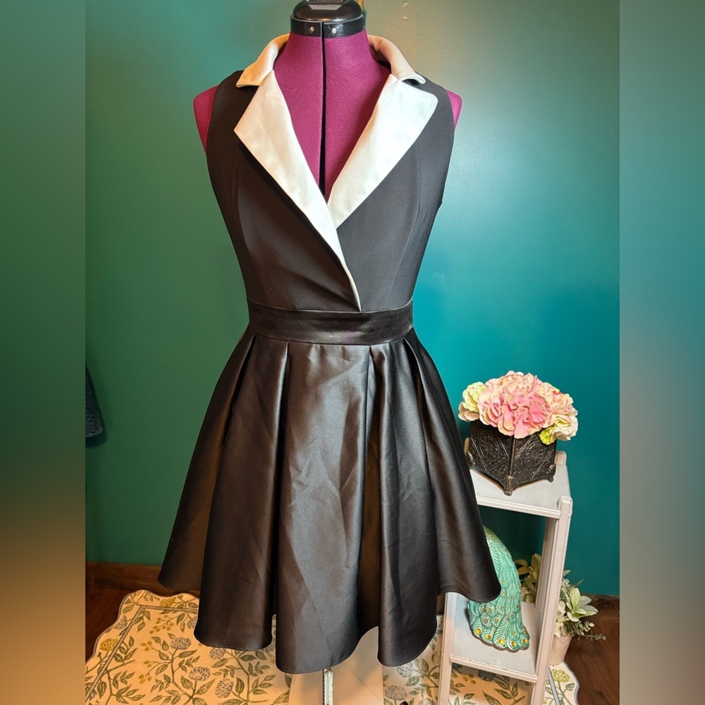 Betsy & Adam Black and White Fit and Flare Cocktail Homecoming Dress Elegant